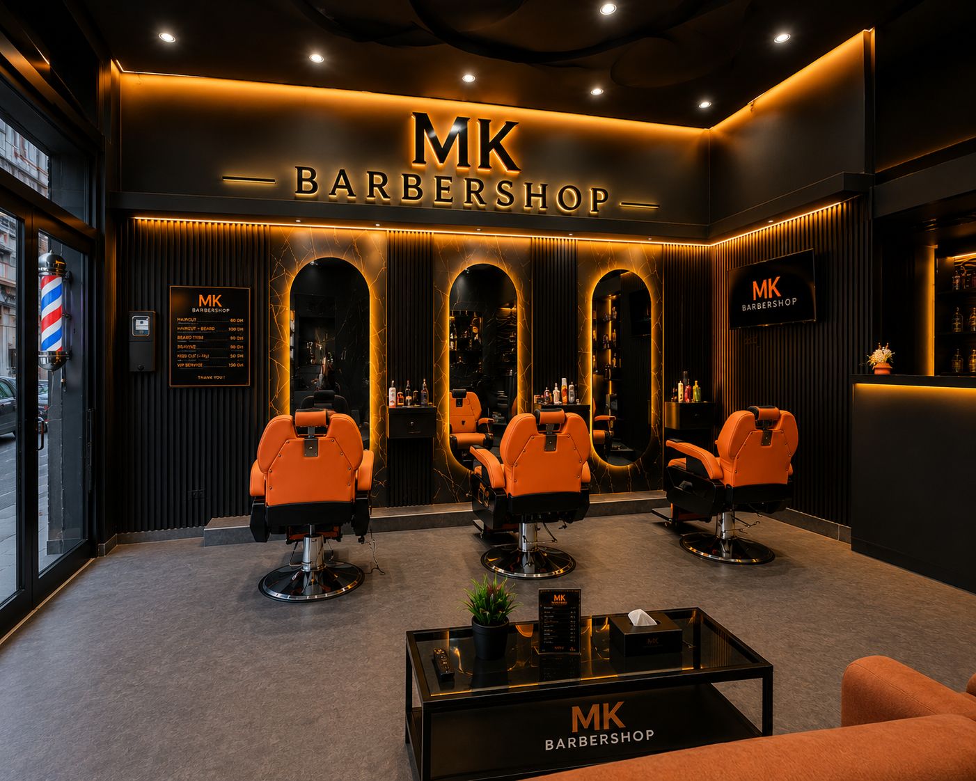 Intérieur du salon M&K Barber à Maarif